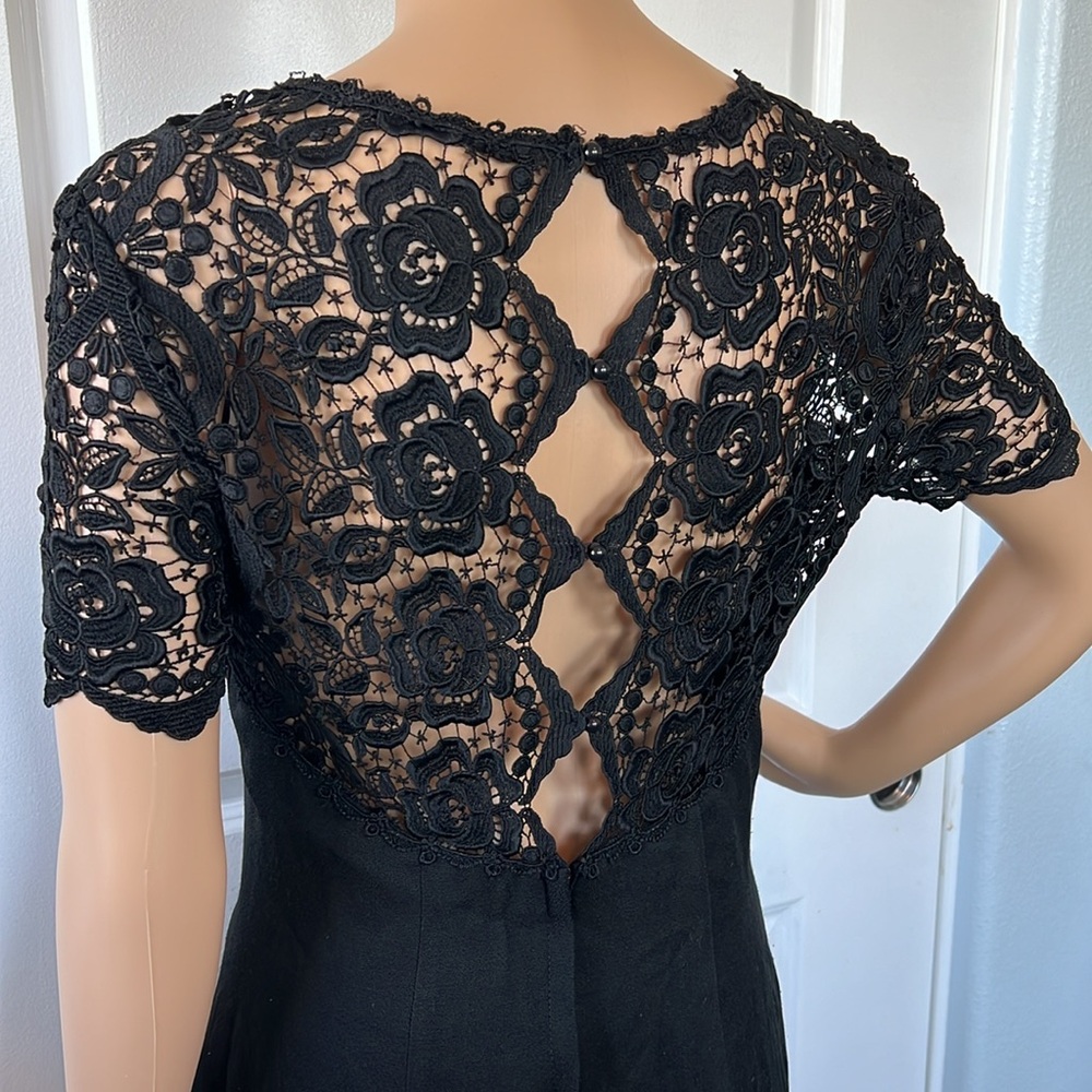 Vtg 90s JESSICA McCLINTOCK black lace detail ROSES classic LBD 9/10 M